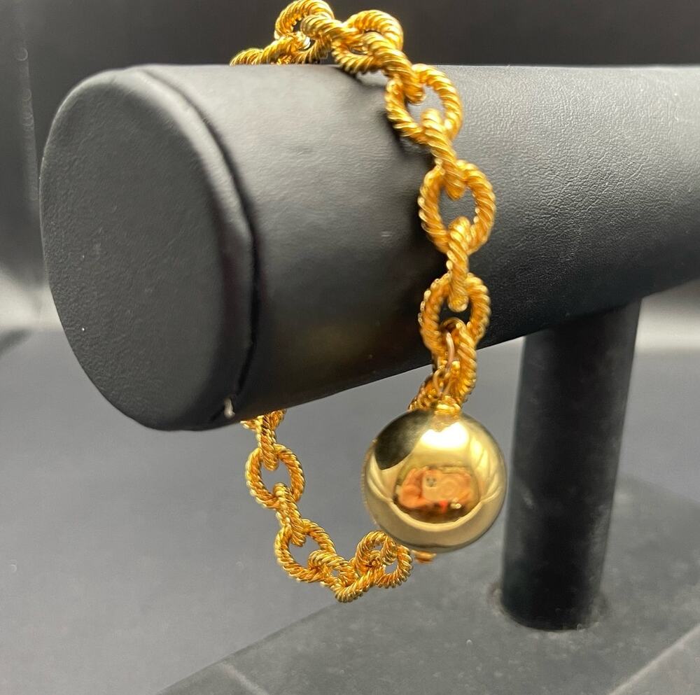 Anne Klein 7" Wide Chain Link Bracelet Gold Tone Ball Charm 80s Vintage Jewelry